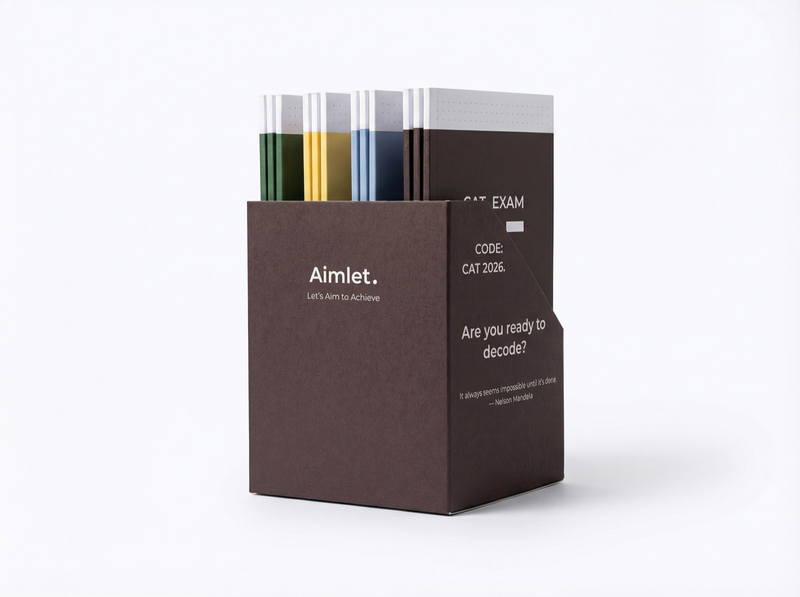 The Aimlet. CAT 2026 kit — oxblood magazine-style holder with notepads inside
